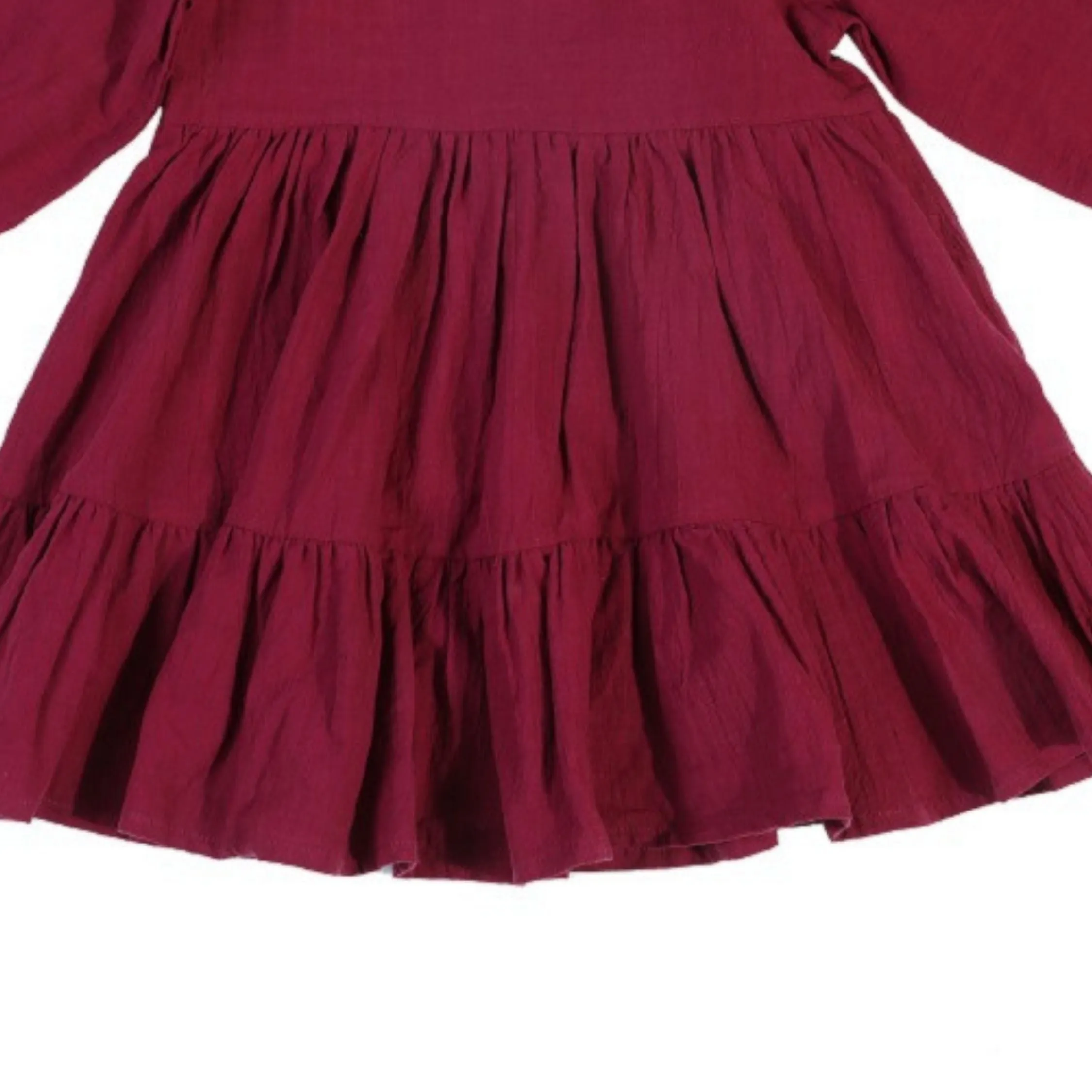 Full Sleeve Plain Ruffle Flutter Girls Dress, Red