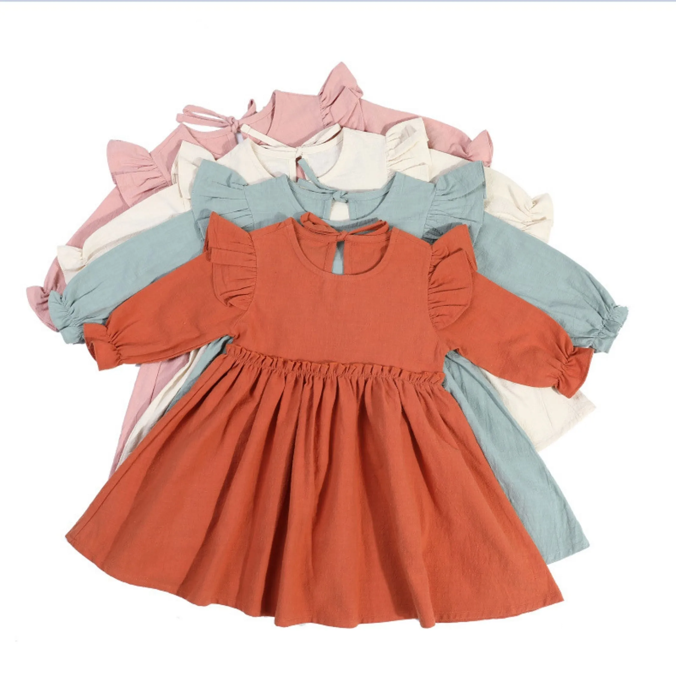 Full Sleeve Plain Ruffle Pattern Girls Dress, Multicolour