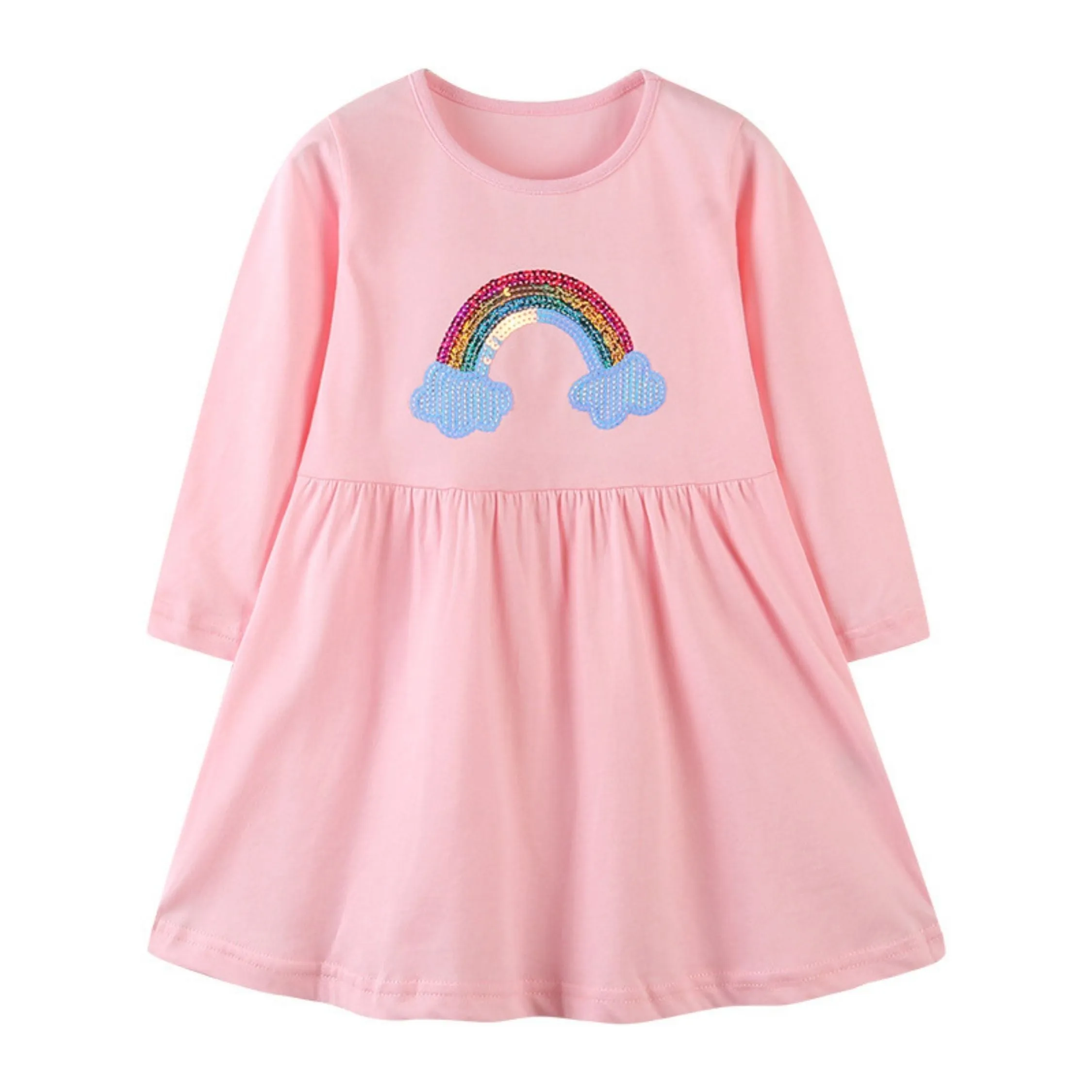 Full Sleeve Rainbow Front Pattern Girls Dress, Pink