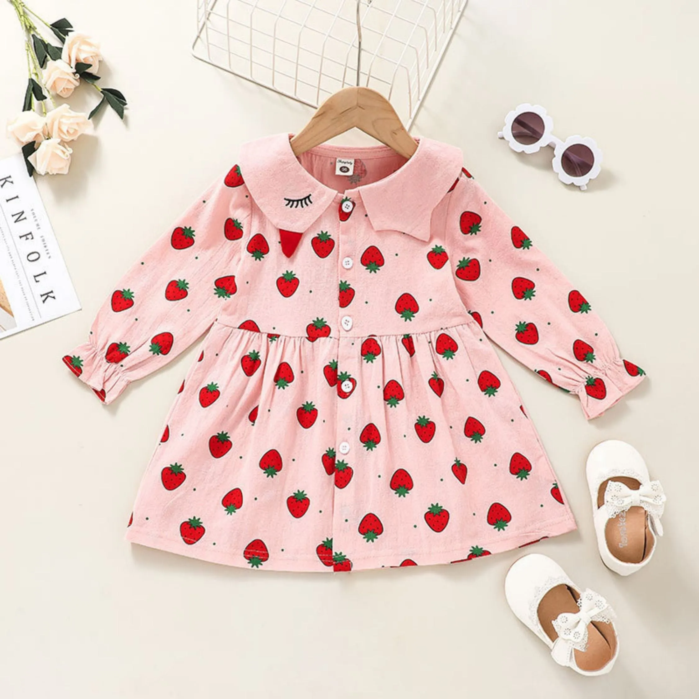 Full Sleeve Strawberry Theme Collar Girls Dress, Pink