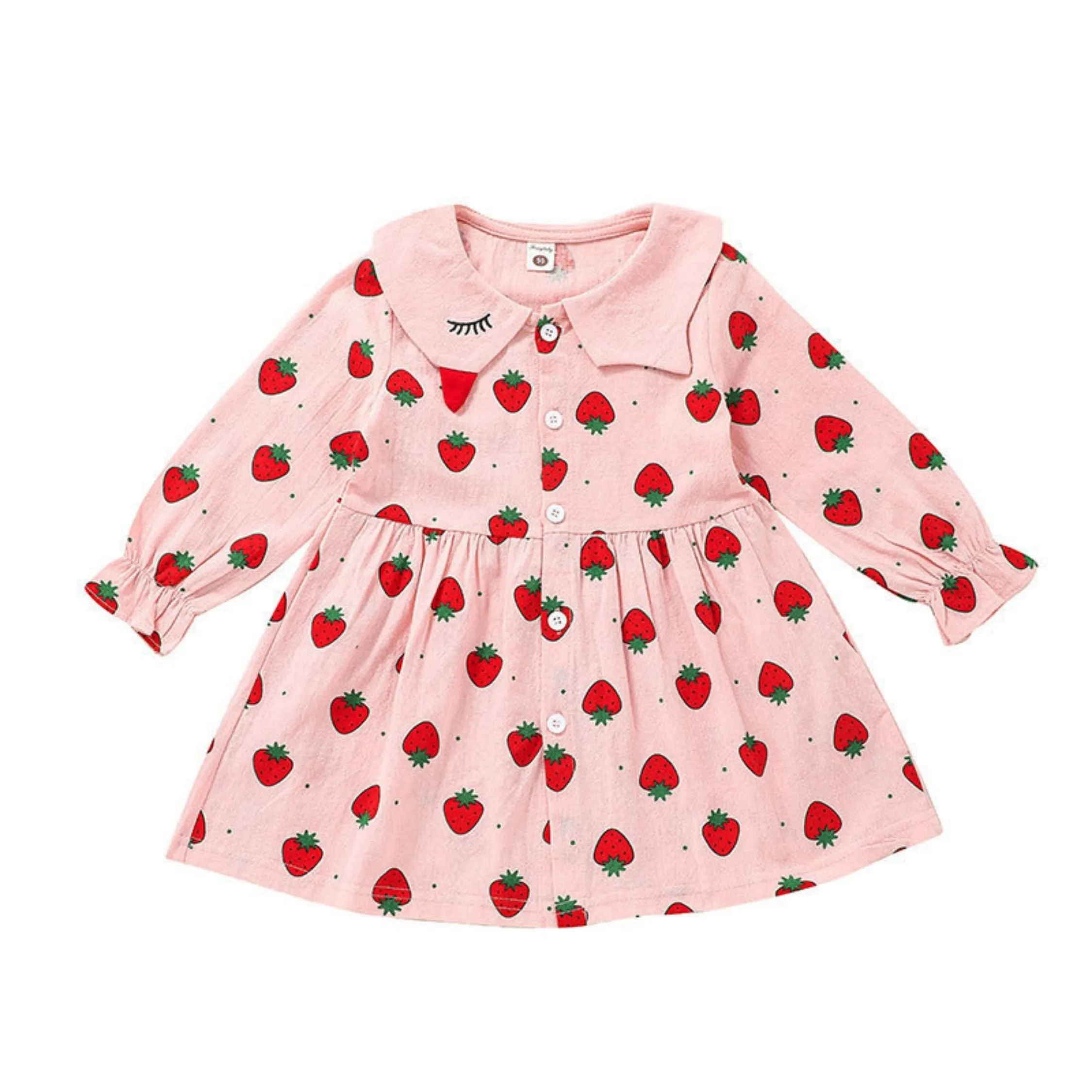 Full Sleeve Strawberry Theme Collar Girls Dress, Pink