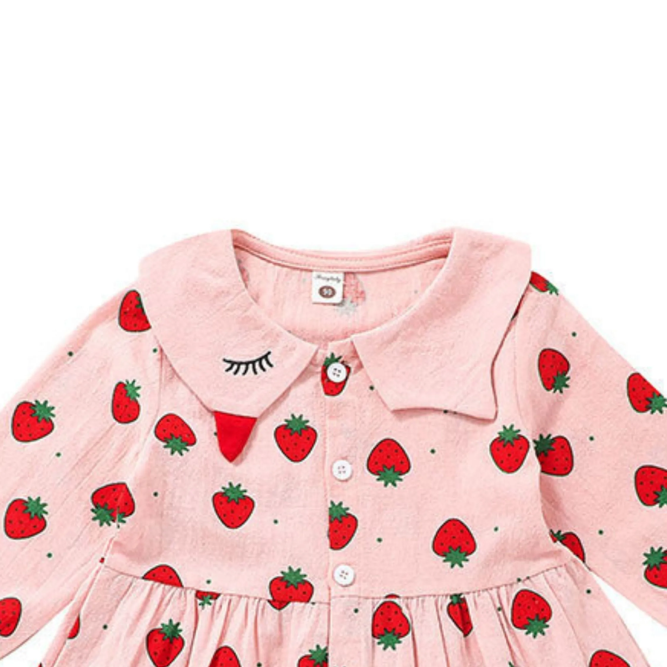 Full Sleeve Strawberry Theme Collar Girls Dress, Pink