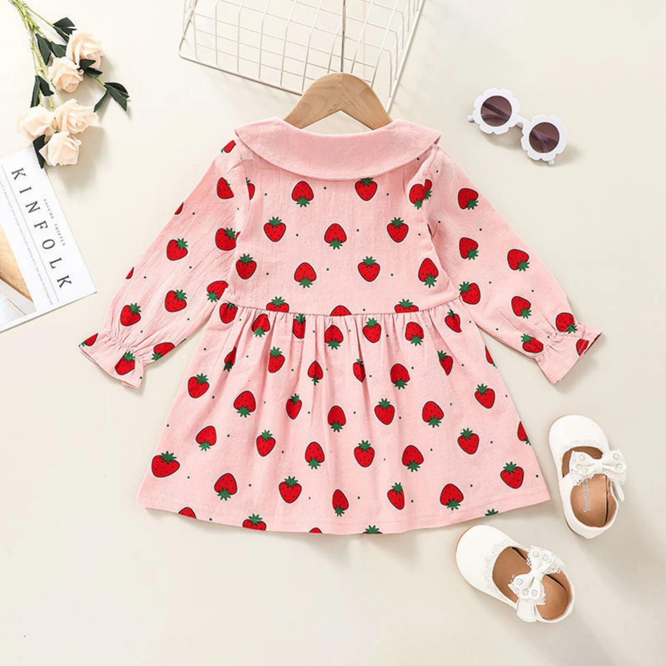 Full Sleeve Strawberry Theme Collar Girls Dress, Pink