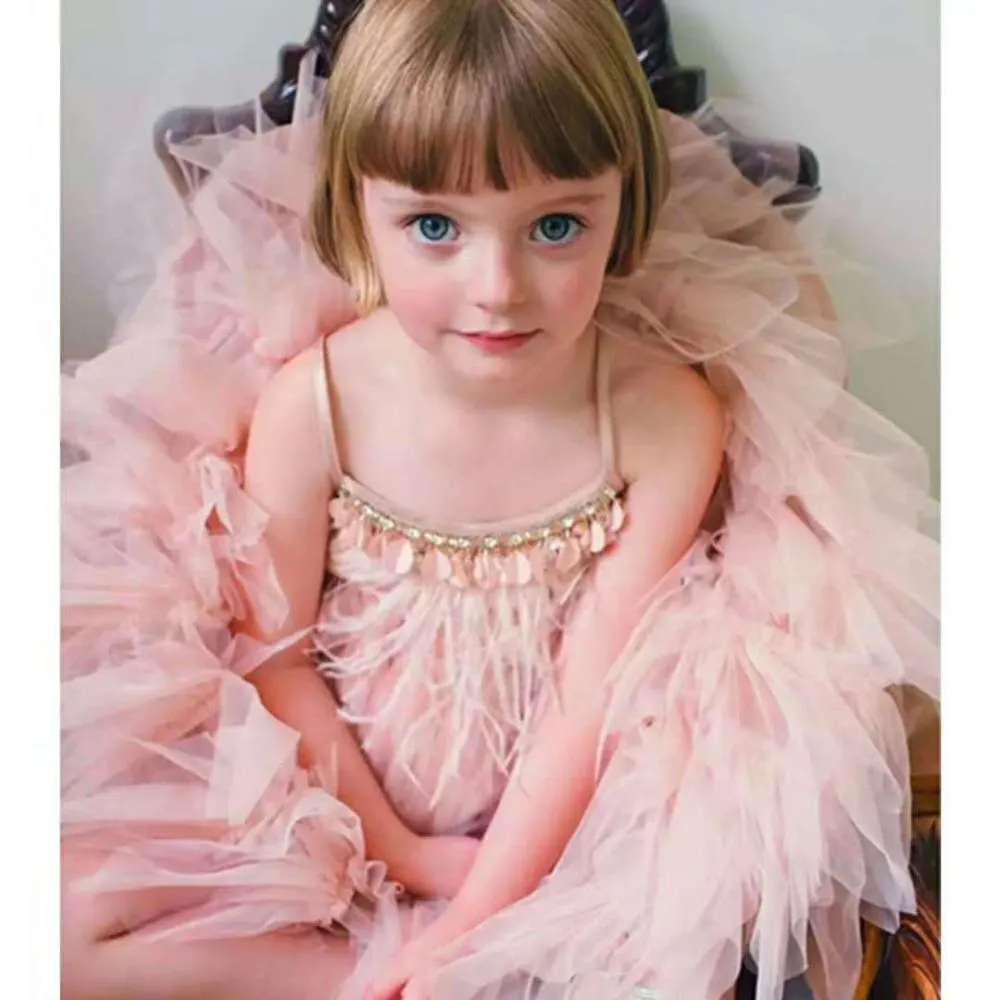 Girls Feather and Tulle Dresses for Birthdays Pageants Spring Dance with Bead Detailing