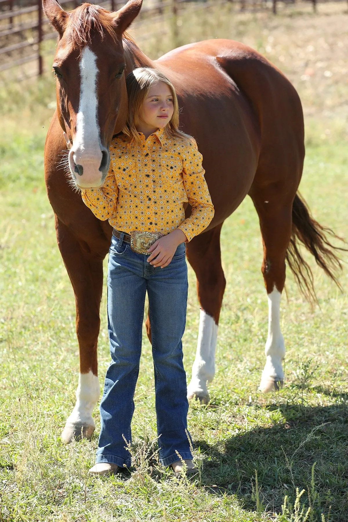 GIRL'S GEOMETRIC PRINT WESTERN SHIRT - GOLD