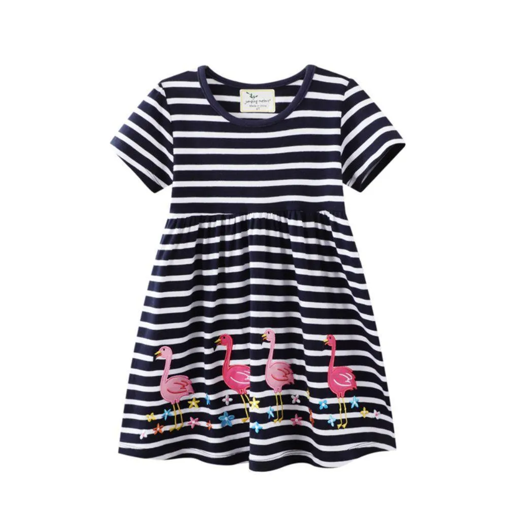 GIRL'S KNEE LENGTH WHITE STRIPE ANIMAL PRINTED DRESS