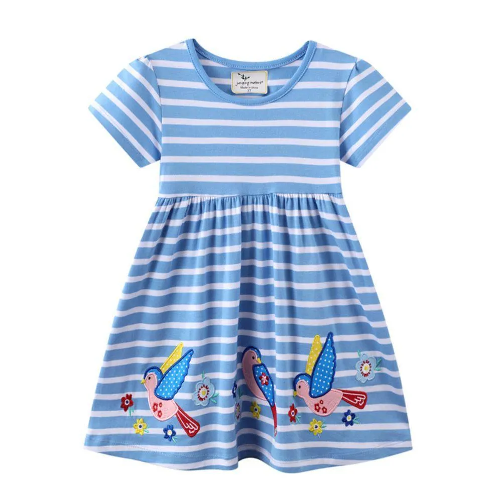 GIRL'S KNEE LENGTH WHITE STRIPE ANIMAL PRINTED DRESS