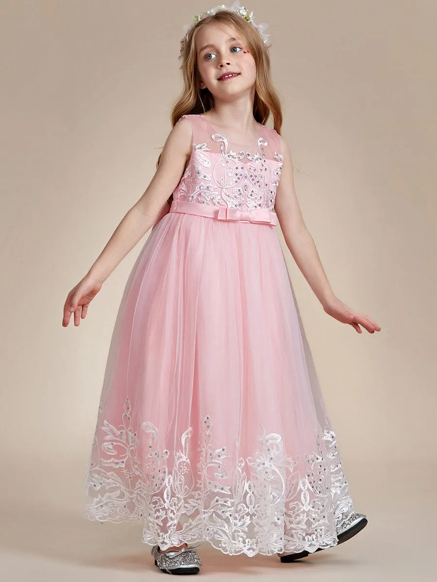 Gorgeous Applique Princess Dress for Flower Girl with Bowknot