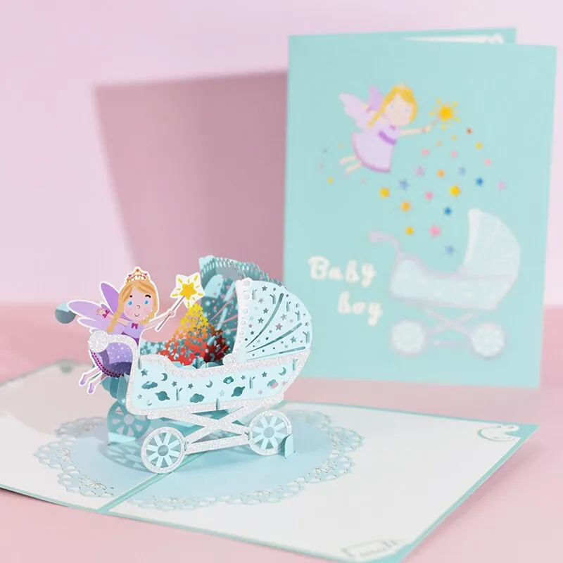 Handmade 3D Pop-up Newborn Baby Girl Baby Boy Carriage Greeting Card - Perfect for Congratulations New Born, or Birthday Thank You