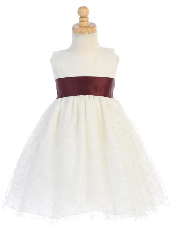 Ivory Flower Girl Dress Glitter Tulle w/ Sash & Bow (7-77)