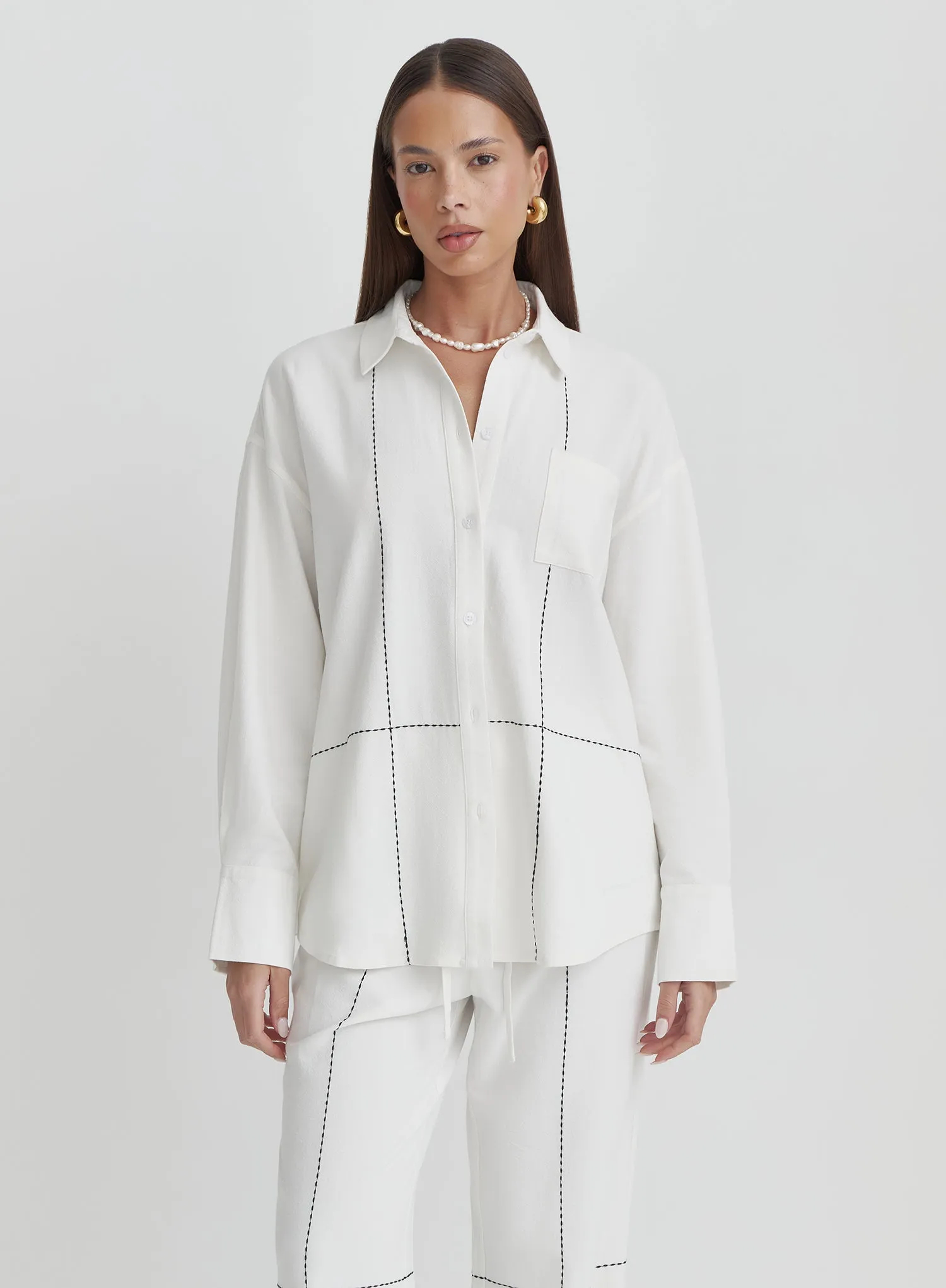 Off White Contrast Stitch Linen Oversized Shirt- Genevive