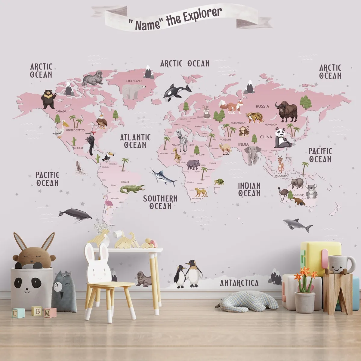 Personalised 3D Pink World Map for Walls, Girl Bedroom