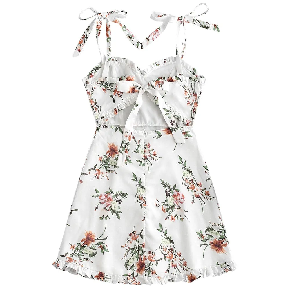 Tied Straps Floral Ruffles Mini Dress