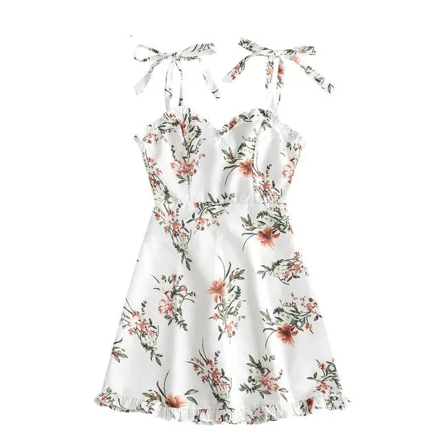 Tied Straps Floral Ruffles Mini Dress