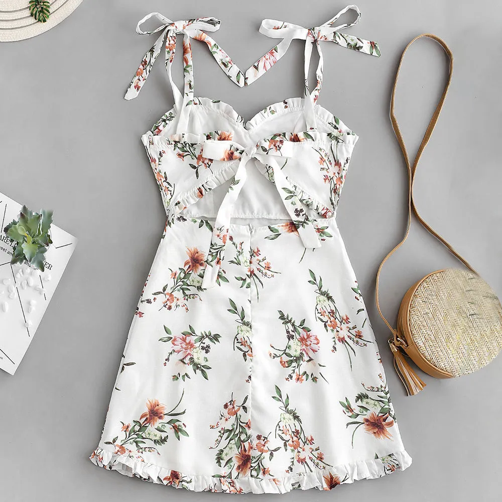 Tied Straps Floral Ruffles Mini Dress