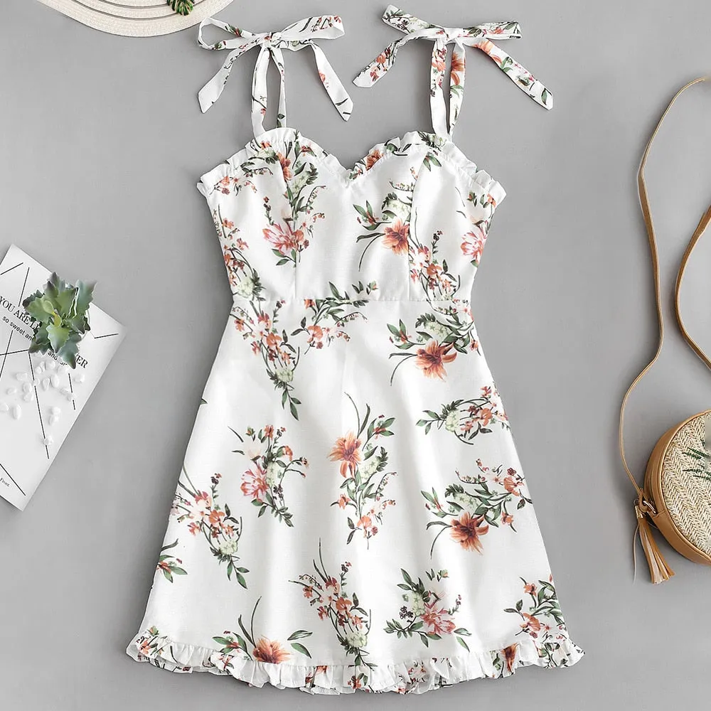 Tied Straps Floral Ruffles Mini Dress