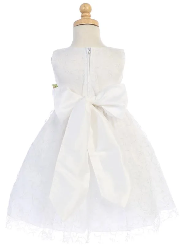 White Glitter Tulle Flower Girl Dress w/ Rose Sash & Flower (7-90P)